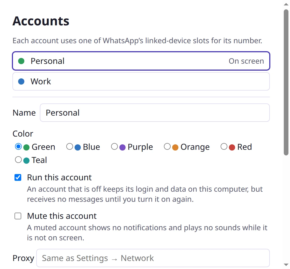 The Accounts window, where each account has a name and a color