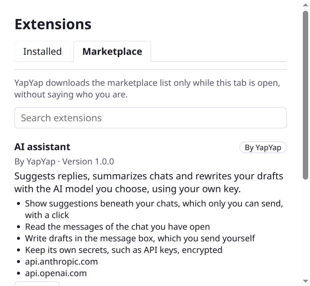 The Marketplace tab, listing the AI assistant and a reviewed extension