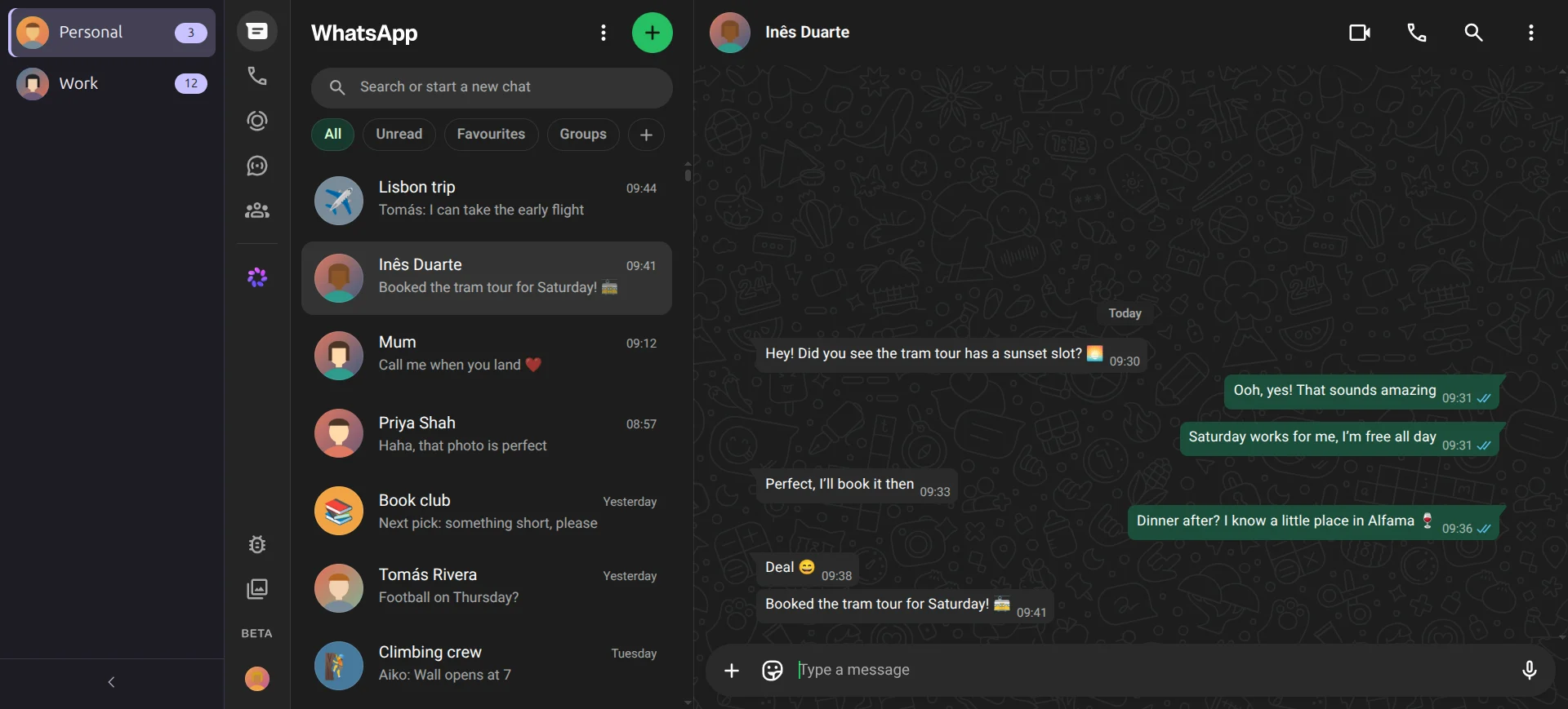 The main window, with the Personal and Work accounts in the sidebar